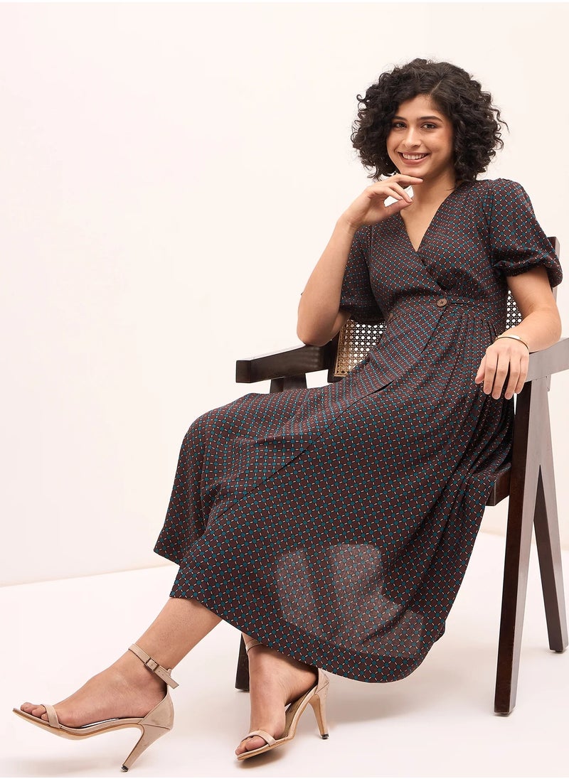 Salt Attire - Women's  Elegant Dress with V Neckline, Unique Sleeves, and Geometric Pattern, Perfect for Casual and Formal Occasions, Flattering Fit, Quality Fabric, Versatile Style - Image 1