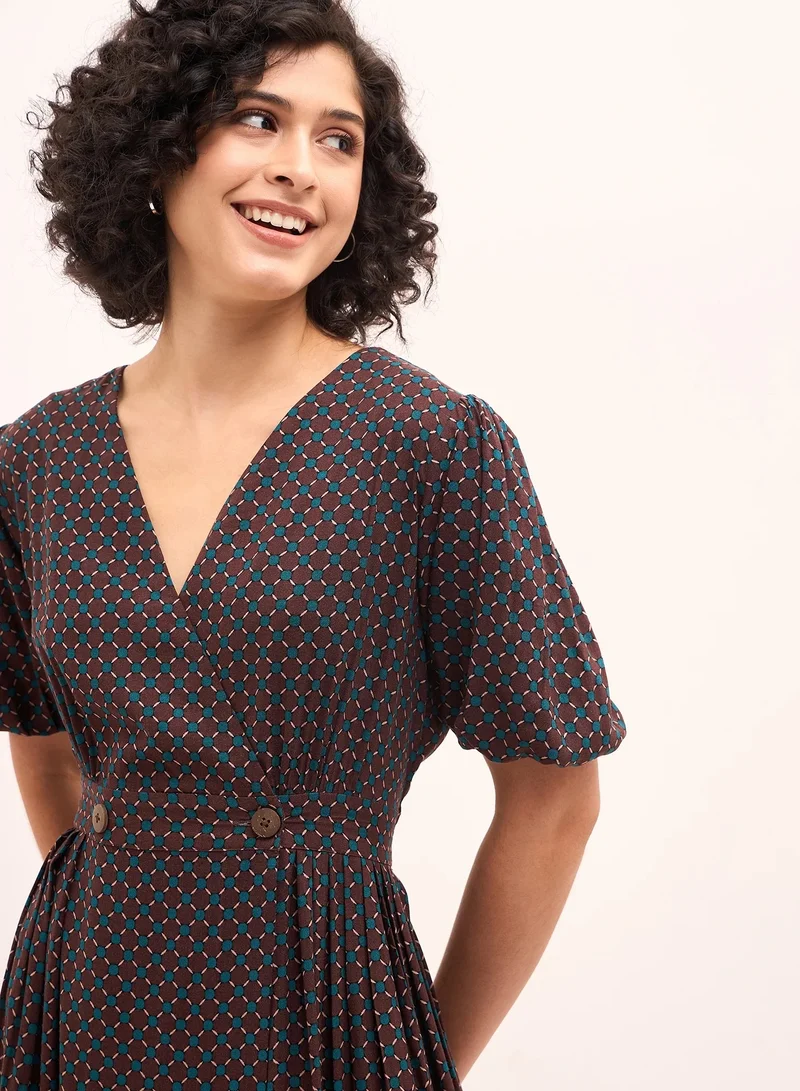 Salt Attire Women's  Elegant Dress with V Neckline, Unique Sleeves, and Geometric Pattern, Perfect for Casual and Formal Occasions, Flattering Fit, Quality Fabric, Versatile Style
