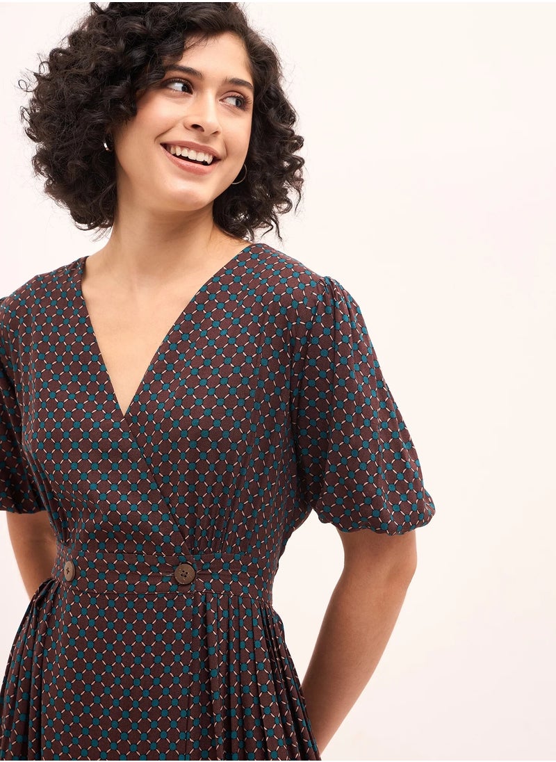 Salt Attire - Women's  Elegant Dress with V Neckline, Unique Sleeves, and Geometric Pattern, Perfect for Casual and Formal Occasions, Flattering Fit, Quality Fabric, Versatile Style - Image 1