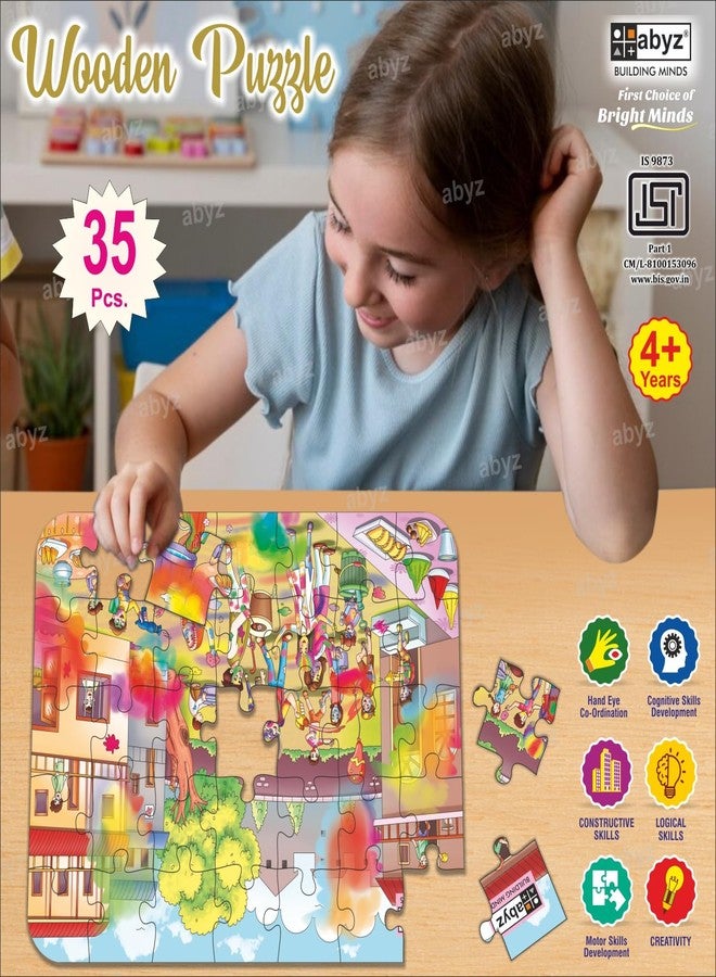 ABYZ Wooden Jigsaw Puzzle - Holi Playset for Fun Educational & Little Explorers, 36-Pieces Fun Games with Multicolor | Birthday Gift for (4-6 Years) Age Kids. - Image 4
