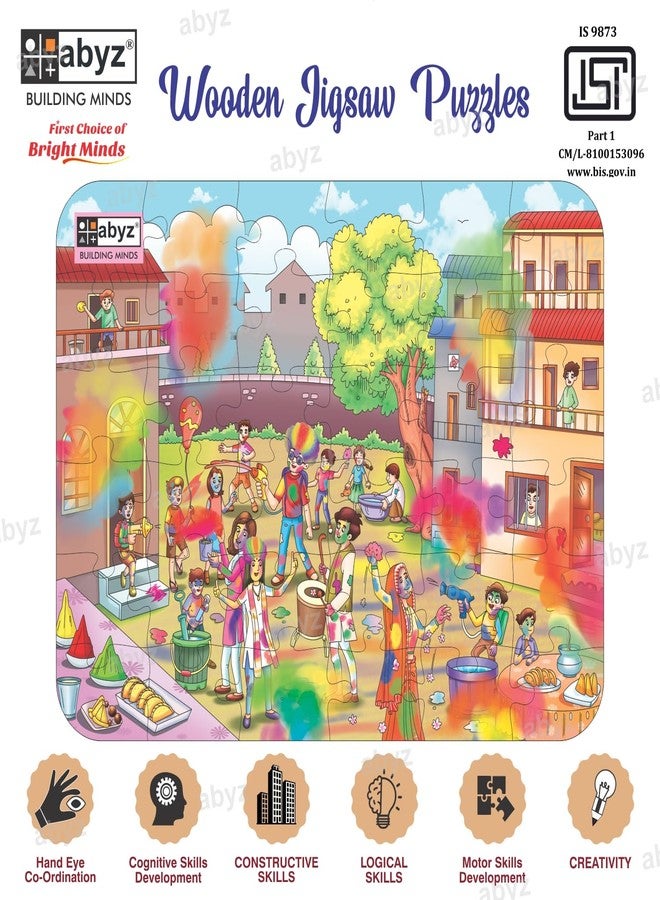 ABYZ Wooden Jigsaw Puzzle - Holi Playset for Fun Educational & Little Explorers, 36-Pieces Fun Games with Multicolor | Birthday Gift for (4-6 Years) Age Kids. - Image 3