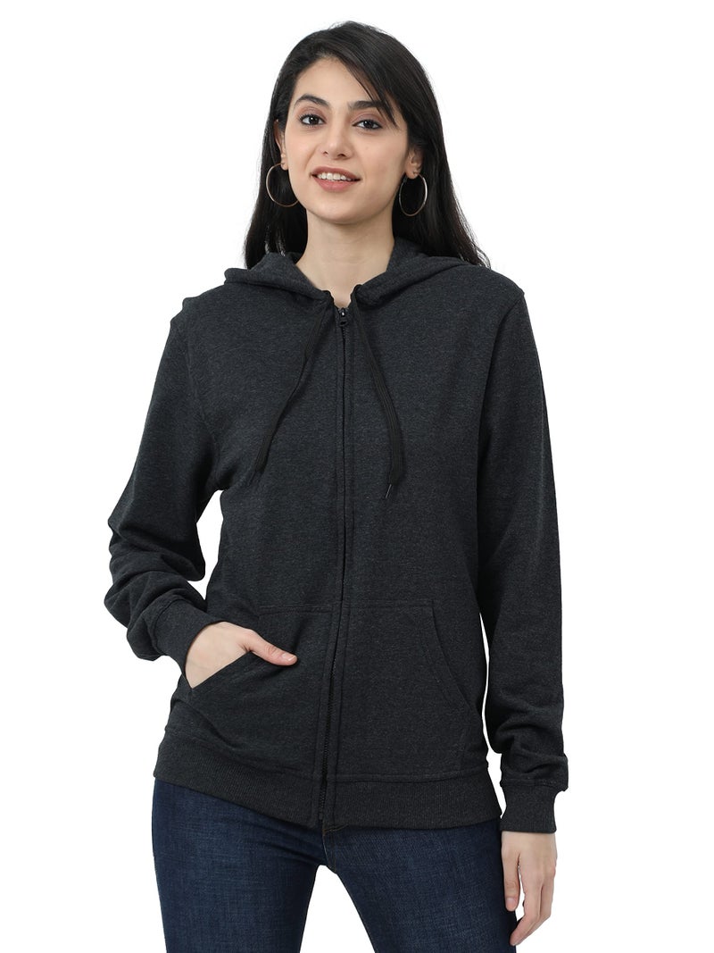Wafaa Women's Cotton Plain Hooded Neck Full Zipper Charcoal Melange Color Regular Fit Sweatshirt Hoodies with Kangaroo Pocket XXL Size - Image 1