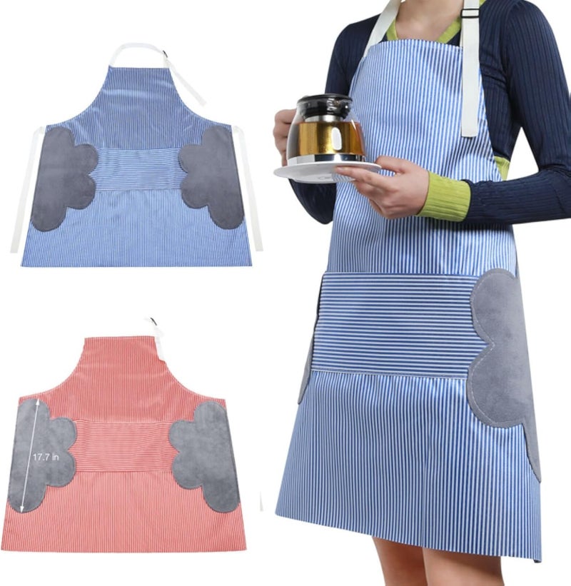 Fresh Adjustable Collar Kitchen Apron With Pockets - With Hand Wiping Plush Towels Durable Waterproof Design - Striped - Korean Design (Blue)