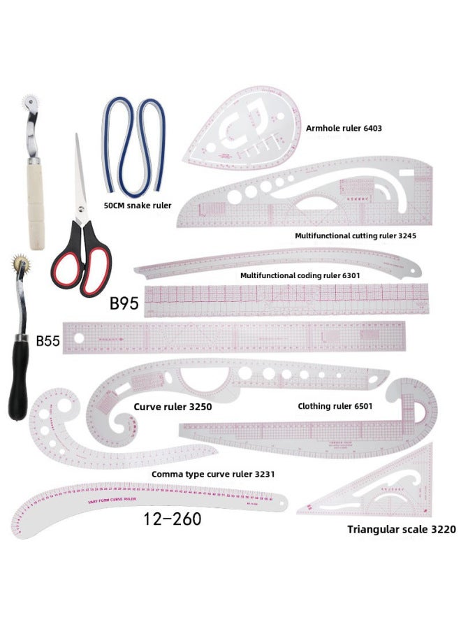 ثام مسطرة الملابس، مسطرة القص، مسطرة كم القفص، مسطرة المنحنيات، مسطرة قوس الأزرار، مجموعة مساطر - Image 1