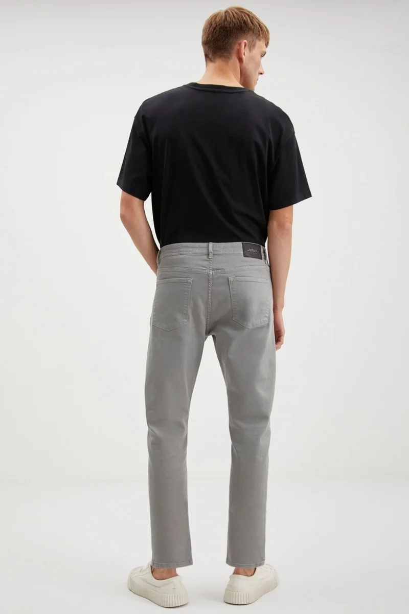 GRIMELANGE Antonia Men's Tappared Fit Pipe Leg Thick Textured Flexible Structure Magic Denim Jeans Light Gray Jeans