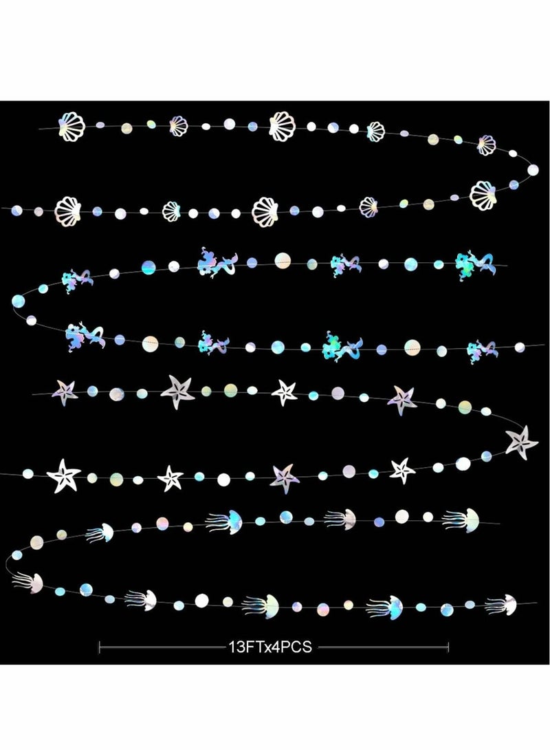 Captaintech Iridescent Mermaid Garland with Jellyfish Seashell Starfish Pearl Holographic Paper Streamer for Little Mermaid Rainbow Theme Birthday Bachelorette Baby Shower Under The Sea Party Decorations 52 Ft - Image 2