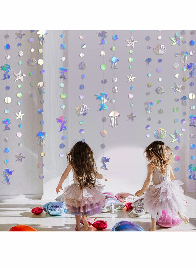 Captaintech Iridescent Mermaid Garland with Jellyfish Seashell Starfish Pearl Holographic Paper Streamer for Little Mermaid Rainbow Theme Birthday Bachelorette Baby Shower Under The Sea Party Decorations 52 Ft - Image 3