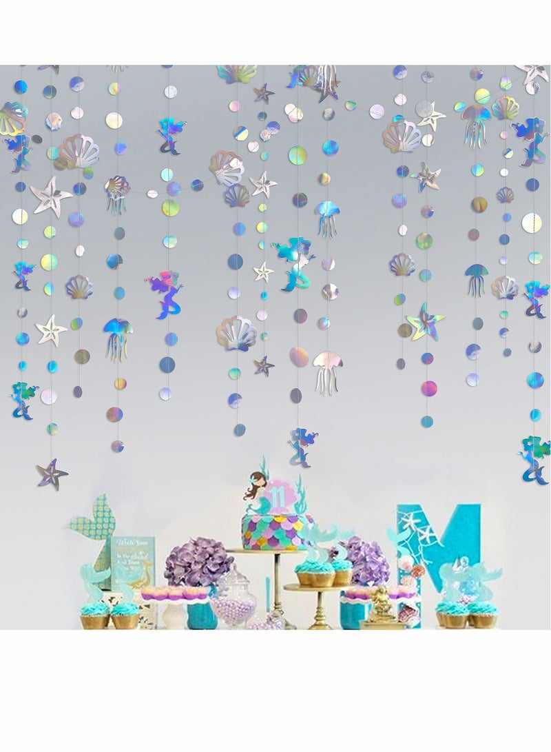 Captaintech Iridescent Mermaid Garland with Jellyfish Seashell Starfish Pearl Holographic Paper Streamer for Little Mermaid Rainbow Theme Birthday Bachelorette Baby Shower Under The Sea Party Decorations 52 Ft - Image 4