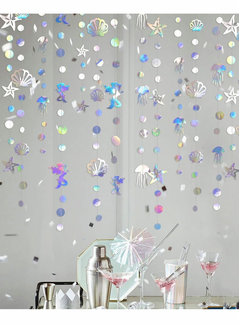 Captaintech Iridescent Mermaid Garland with Jellyfish Seashell Starfish Pearl Holographic Paper Streamer for Little Mermaid Rainbow Theme Birthday Bachelorette Baby Shower Under The Sea Party Decorations 52 Ft - Image 5