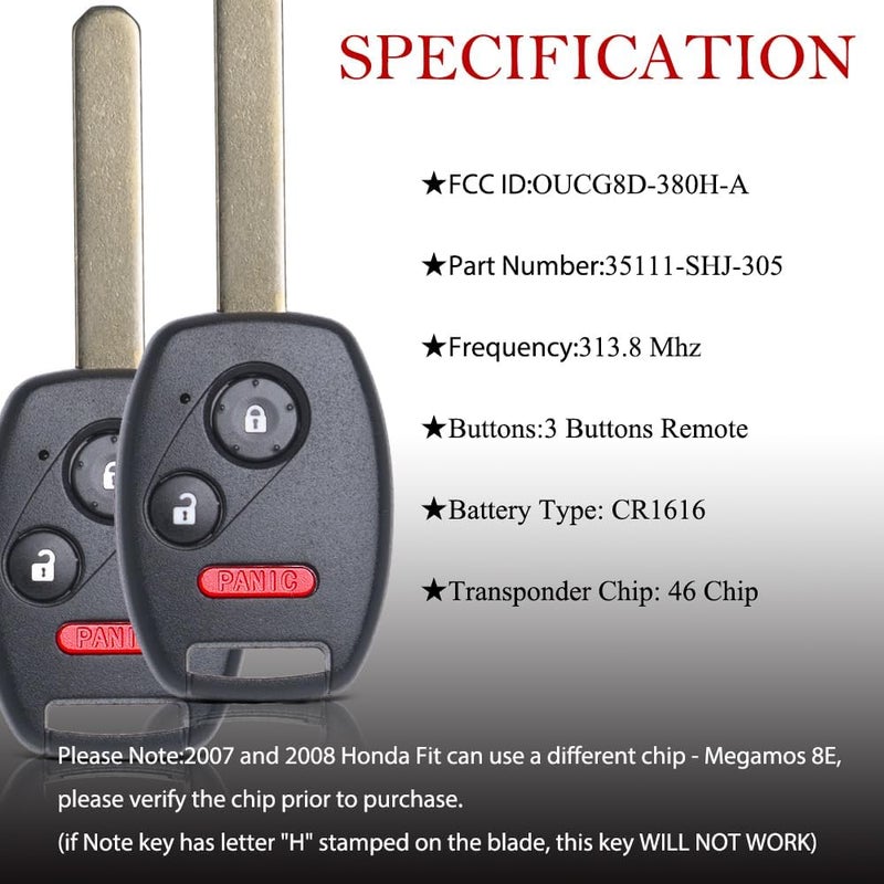 MechanMagic Key Fob Replacement Fits for Honda Ridgeline 2006-2014 / FIT 2008 / Odyssey 2005-2010 (FCC ID:OUCG8D-380H-A) Keyless Entry Remote Control Head Ignition Key PN:35111-SHJ-305 314MHZ 3 Button - Image 3