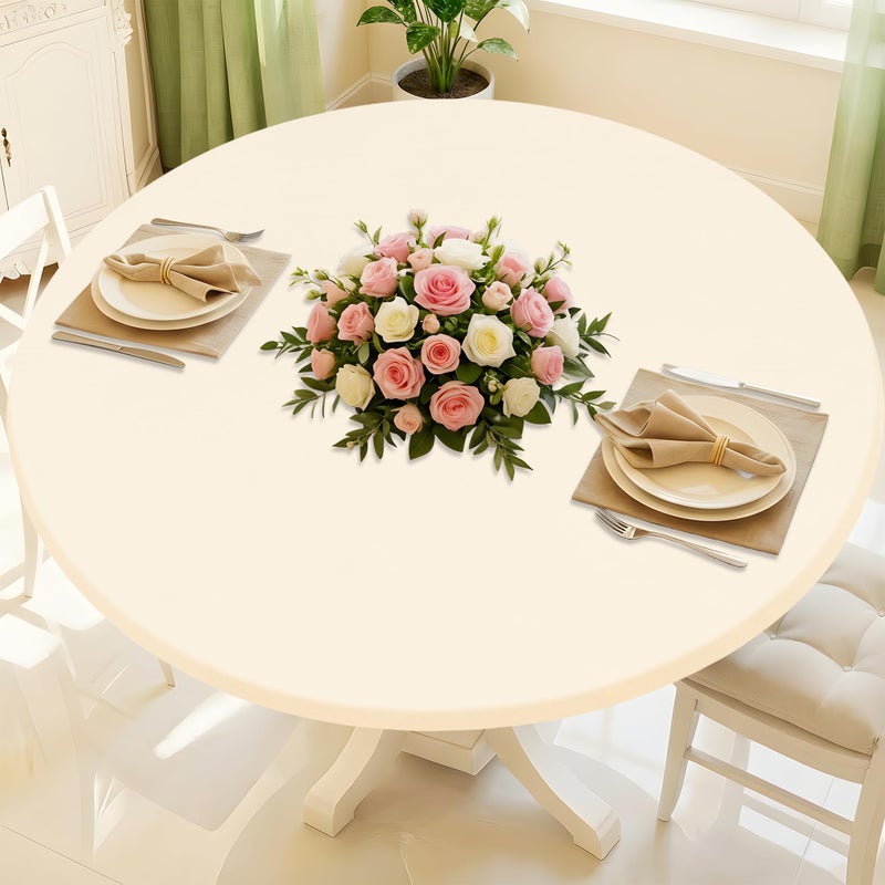 Moosfor Round Spandex Tablecloth, Elastic Fitted Waterproof Tablecloths for 45"-56" Tables, Stretch Washable Picnic Table Cover for Camping, Dining, Indoor and Outdoor, Beige - Image 1