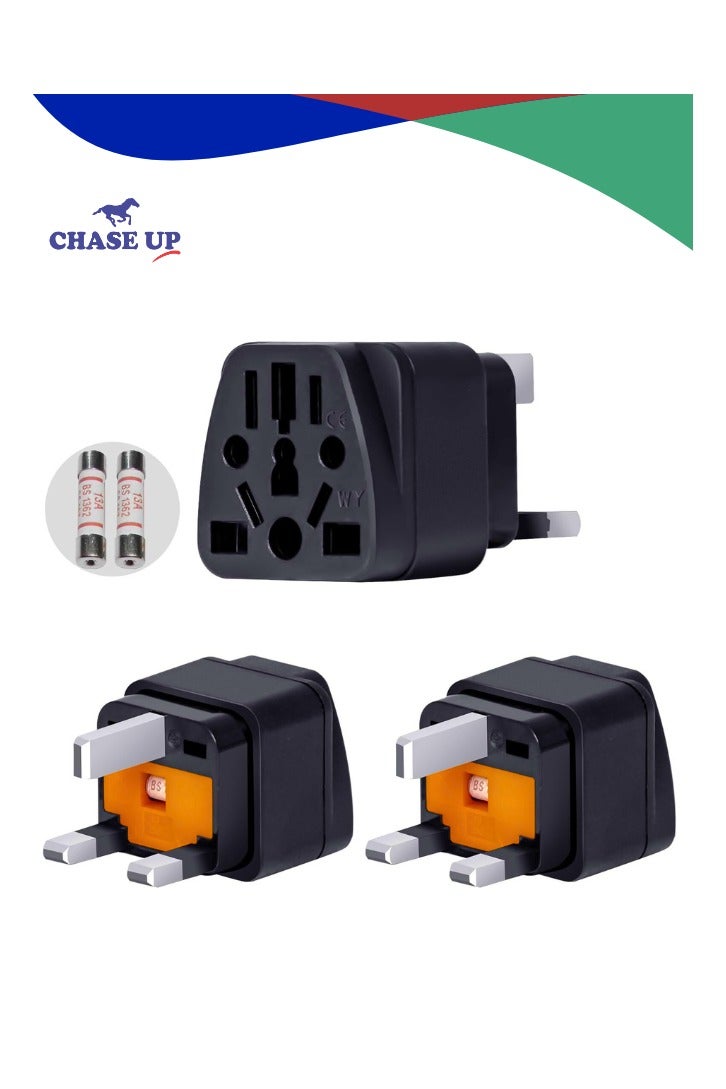 Chase Up World to UK Travel Adapter (3-Pack, Black) - Universal 3-Prong Power Converter, Transforms US/JP/AU/EU/CN plugs to UK - Grounded, Safe & Compact for All Devices, Includes 13A Fuse + 2 Spares - Image 1