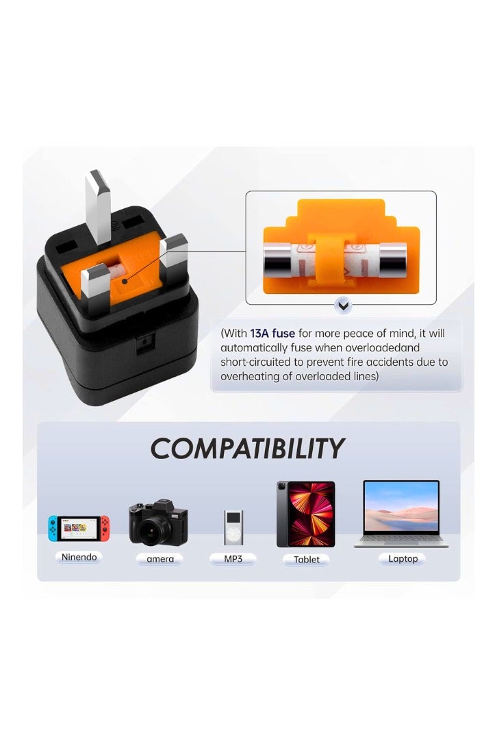 Chase Up World to UK Travel Adapter (3-Pack, Black) - Universal 3-Prong Power Converter, Transforms US/JP/AU/EU/CN plugs to UK - Grounded, Safe & Compact for All Devices, Includes 13A Fuse + 2 Spares - Image 2