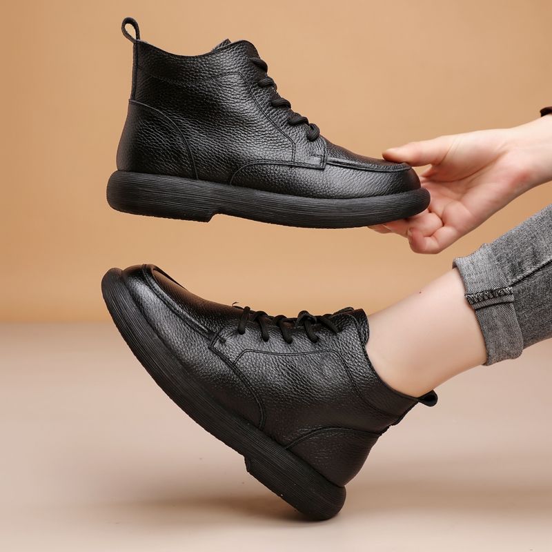 Genuine Leather Wool Short Boots Boots Flat Mother Fleece-Lined Vintage Non-Slip Martin - Image 5