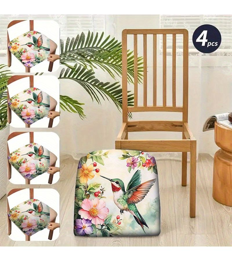 6pcs Modern Floral Hummingbird Print Elastic Stretchable Washable Chair Cushion Covers For Kitchen Dining Living Room Chairs All Season Home Decor Snug Fit Seat Pads - Image 2