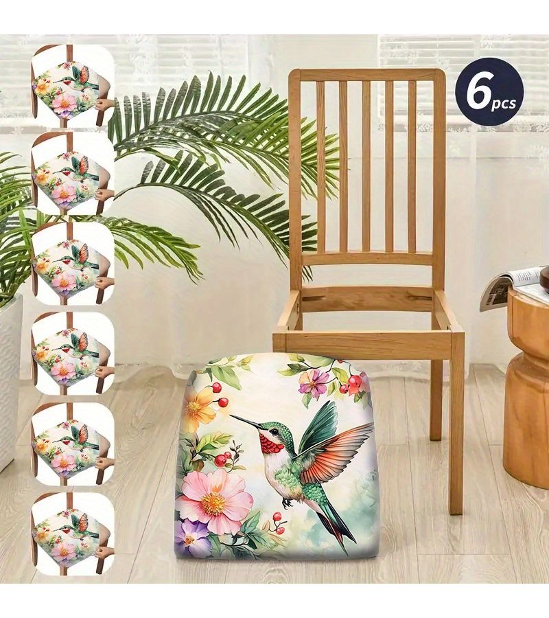 6pcs Modern Floral Hummingbird Print Elastic Stretchable Washable Chair Cushion Covers For Kitchen Dining Living Room Chairs All Season Home Decor Snug Fit Seat Pads - Image 4