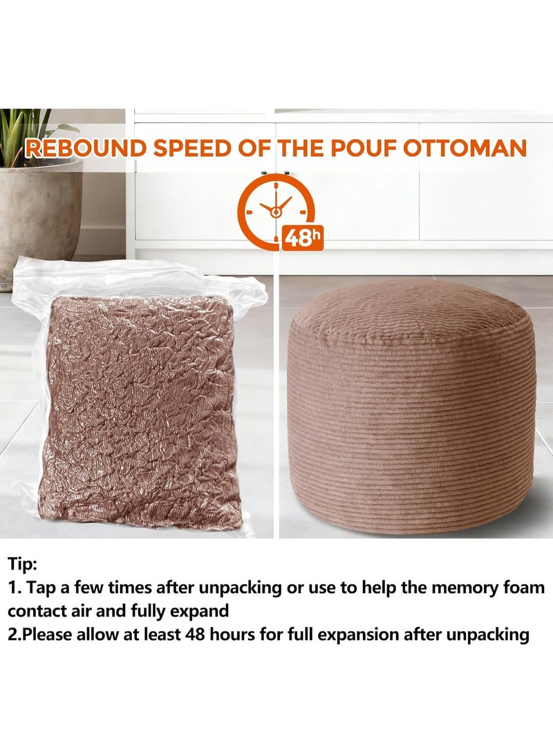 20" x 20" x 15" Pouf Ottoman Foot Rest, Pre-Stuffed Round Foot Stool with Odorless Shredded Memory Foam, Furry & Fluffy Corduroy Footrest for Living Room, Brown - Image 2