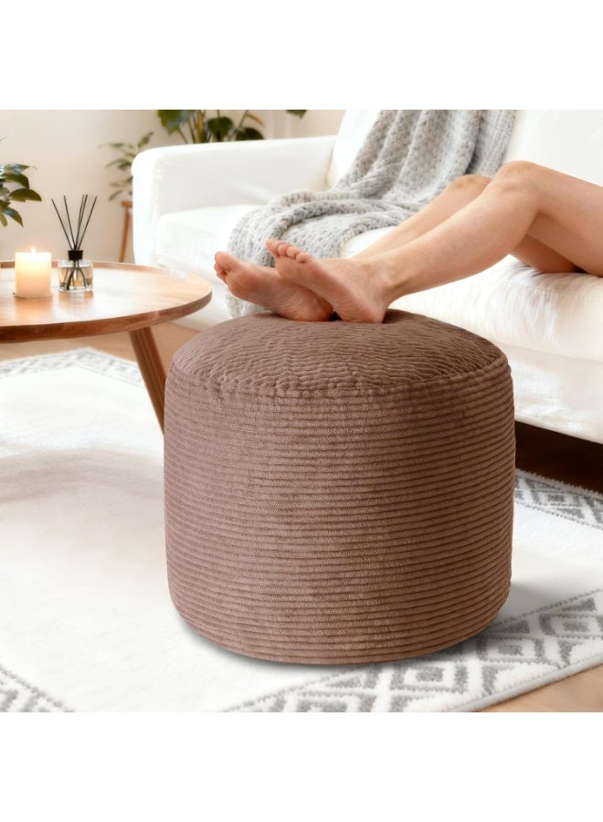20" x 20" x 15" Pouf Ottoman Foot Rest, Pre-Stuffed Round Foot Stool with Odorless Shredded Memory Foam, Furry & Fluffy Corduroy Footrest for Living Room, Brown - Image 1