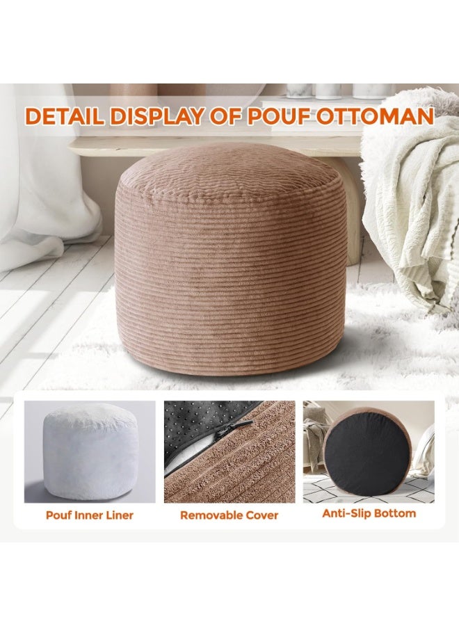 20" x 20" x 15" Pouf Ottoman Foot Rest, Pre-Stuffed Round Foot Stool with Odorless Shredded Memory Foam, Furry & Fluffy Corduroy Footrest for Living Room, Brown - Image 5