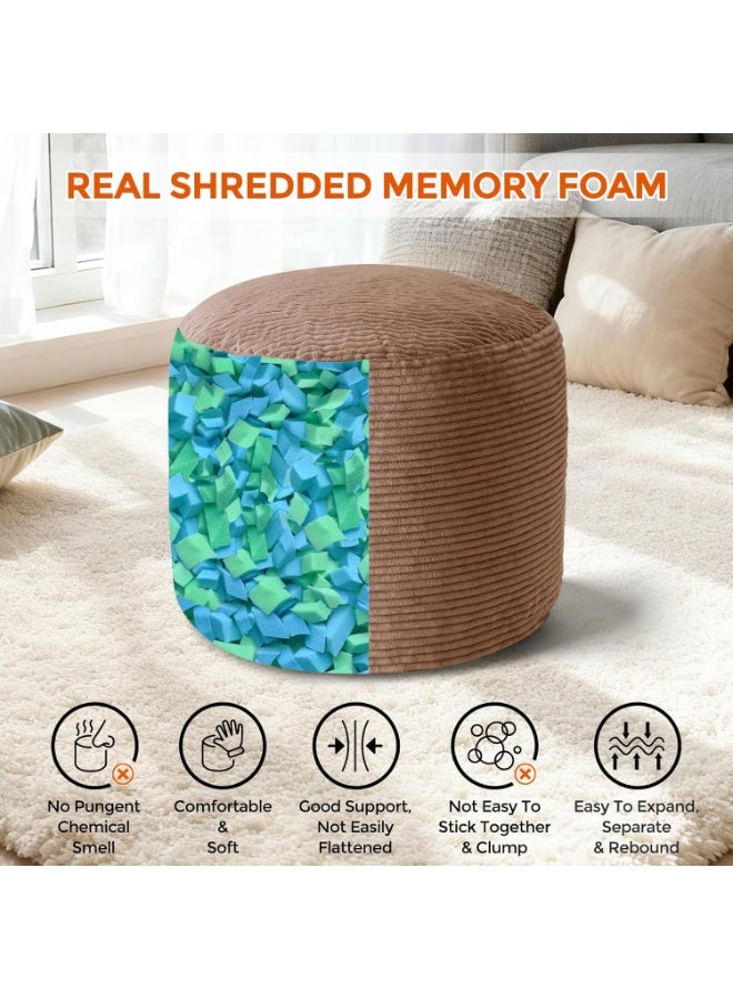 20" x 20" x 15" Pouf Ottoman Foot Rest, Pre-Stuffed Round Foot Stool with Odorless Shredded Memory Foam, Furry & Fluffy Corduroy Footrest for Living Room, Brown - Image 3