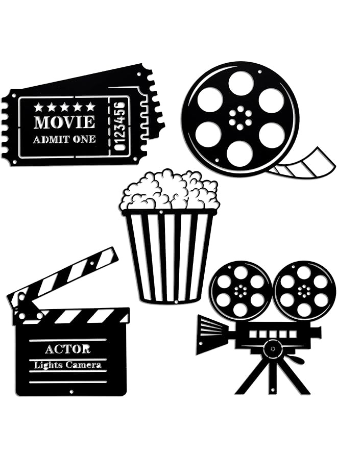 erorex 5 Pieces Movie Theater Decor Home Movie Theater Room Decor Cinema And Popcorn Wall Art Metal Movie Reel Wall Sign Home Theater Action Sign Cinema Movie Film Wall Decoration For Home Party Decor - Image 1