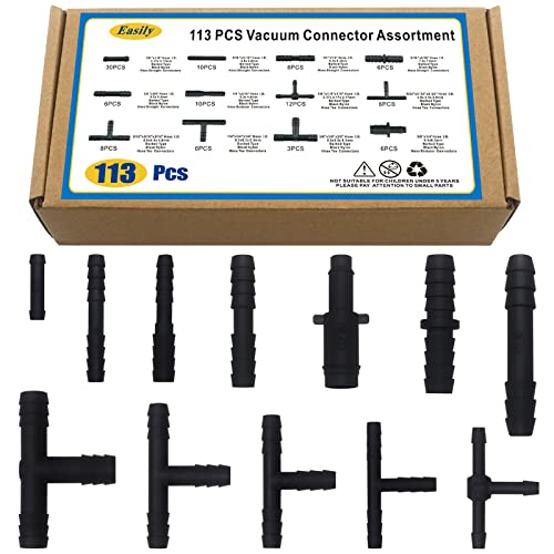 Easily Vacuum Connector Assortment 113 PCS Heat Resistance 240460Automotive Vacuum Tubing Connector Vacuum Tee Connector Assortment Kit Black Nylon - Image 1