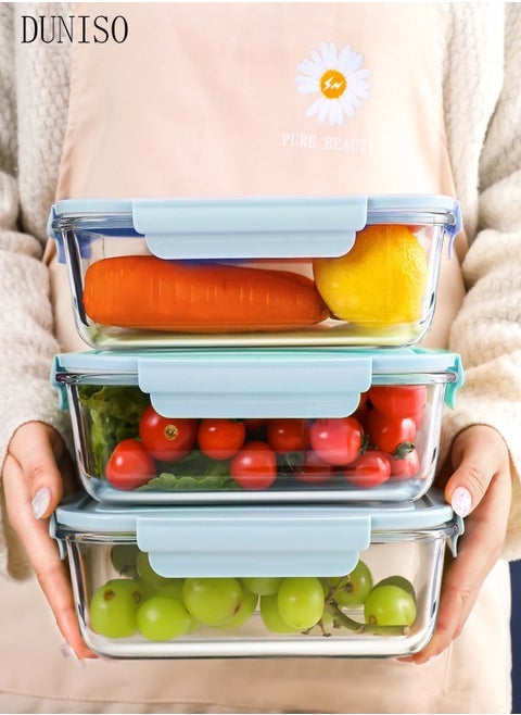 3 Pieces Glass Kitchen Meal Preparation Container, 410ml, 680ml, 1040ml With Durable Lock Lid, Food Preparation Container, Children's And Adult Glass Bento Boxes, Bento Lunch Boxes
