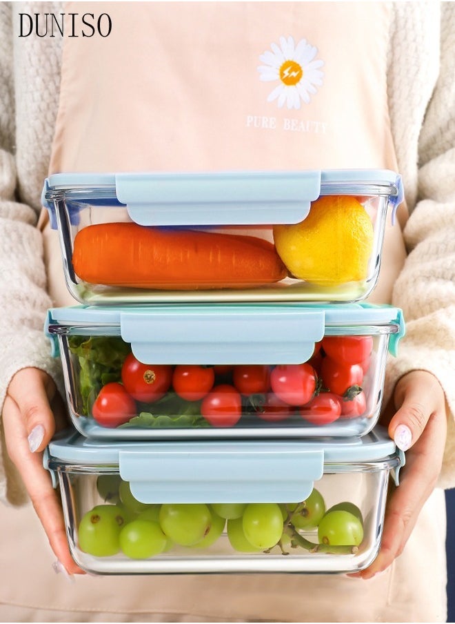 DUNISO 3 Pieces Glass Kitchen Meal Preparation Container, 410ml, 680ml, 1040ml With Durable Lock Lid, Food Preparation Container, Children's And Adult Glass Bento Boxes, Bento Lunch Boxes  - Image 1