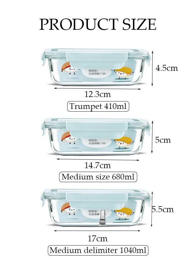 DUNISO - 3 Pieces Glass Kitchen Meal Preparation Container, 410ml, 680ml, 1040ml With Durable Lock Lid, Food Preparation Container, Children's And Adult Glass Bento Boxes, Bento Lunch Boxes - Image 1