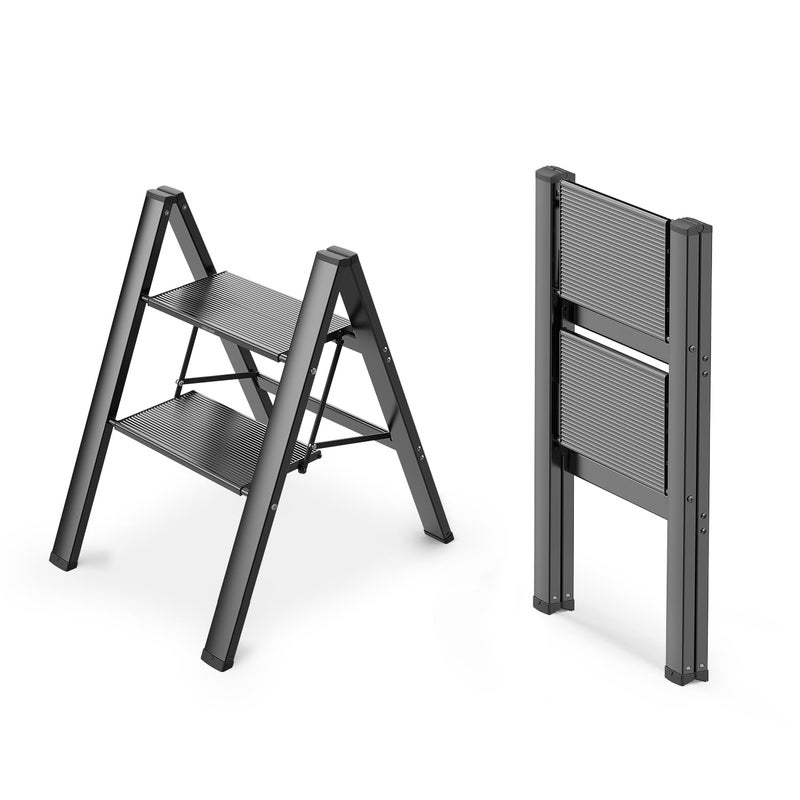 WOA WOA 2 Step Ladder Foldable Step Stool Aluminum Lightweight Ladder for Home Kitchen Closet AntiSlip Pedals Ease of Folding Portable 300lbs Capacity Black
