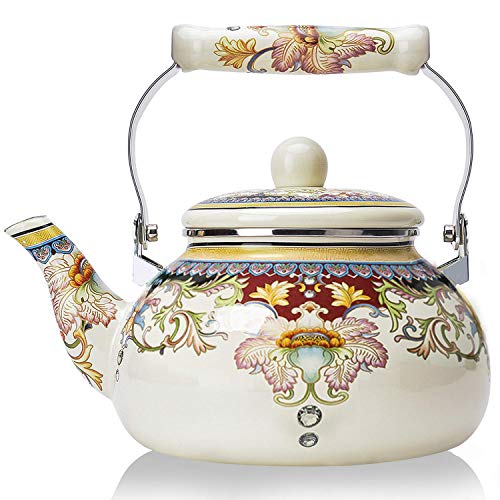 OLYTARU Floral Ceramic Enamel Teapot Tea Kettle for Stovetop,Large Porcelain Enameled Teakettle (white) (2.4L, white2) - Image 1