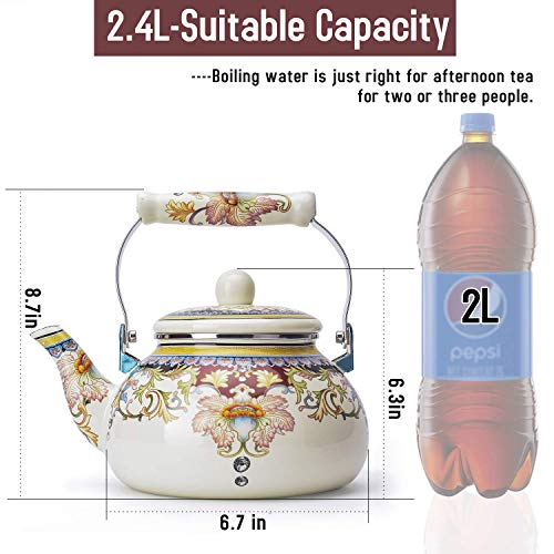 OLYTARU Floral Ceramic Enamel Teapot Tea Kettle for Stovetop,Large Porcelain Enameled Teakettle (white) (2.4L, white2) - Image 2
