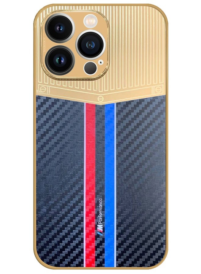 CATANES Luxury Gold Plated Case for iPhone 13 Pro - Hybrid Electroplated Frame Back Cover with Carbon Fiber Texture - Racing Stripe Pattern Blue - Image 1