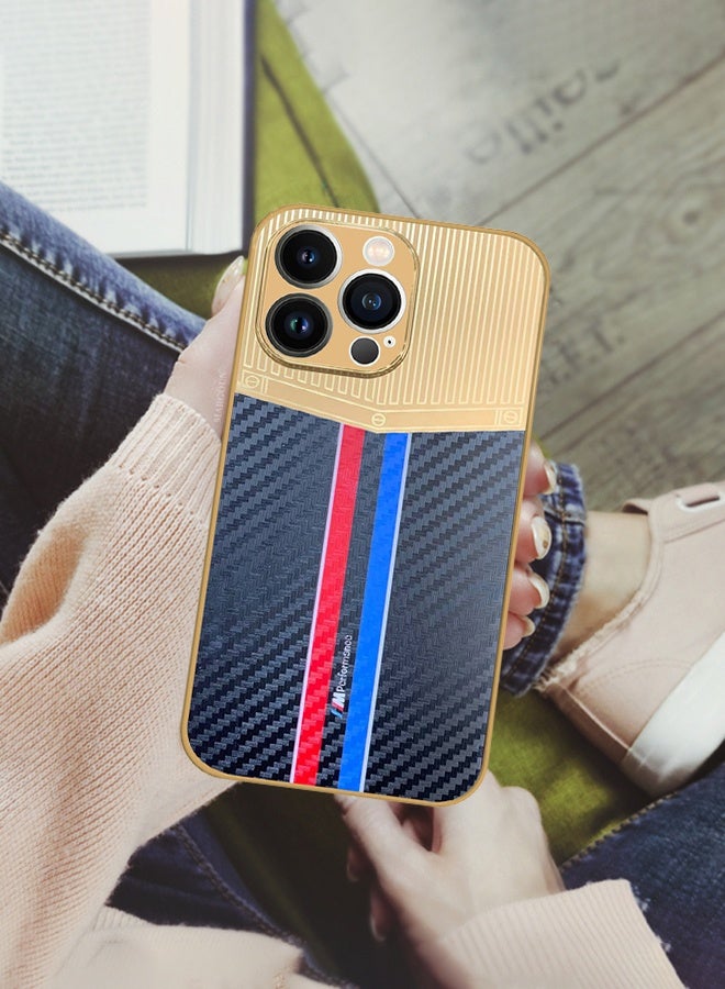 CATANES Luxury Gold Plated Case for iPhone 13 Pro - Hybrid Electroplated Frame Back Cover with Carbon Fiber Texture - Racing Stripe Pattern Blue - Image 2