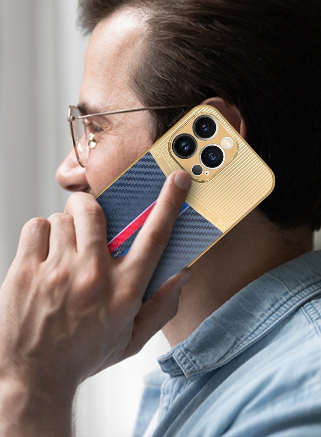 CATANES Luxury Gold Plated Case for iPhone 13 Pro - Hybrid Electroplated Frame Back Cover with Carbon Fiber Texture - Racing Stripe Pattern Blue - Image 4