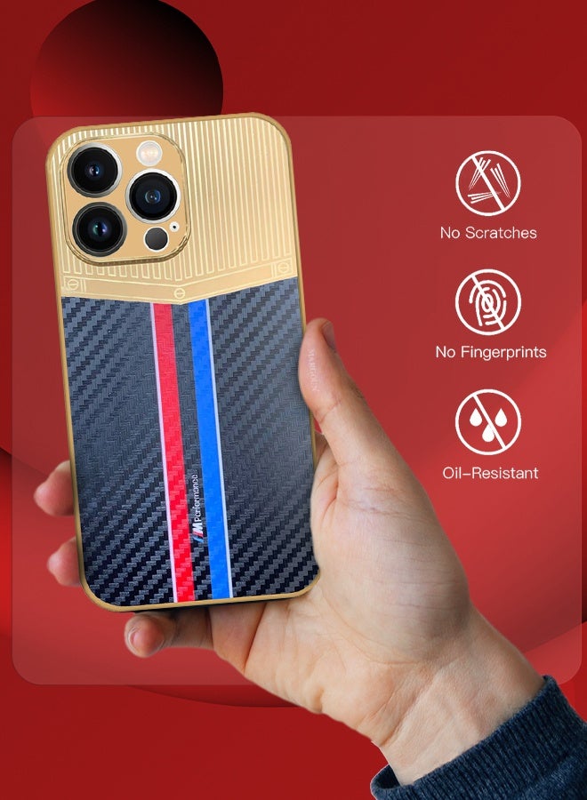 CATANES Luxury Gold Plated Case for iPhone 13 Pro - Hybrid Electroplated Frame Back Cover with Carbon Fiber Texture - Racing Stripe Pattern Blue - Image 5