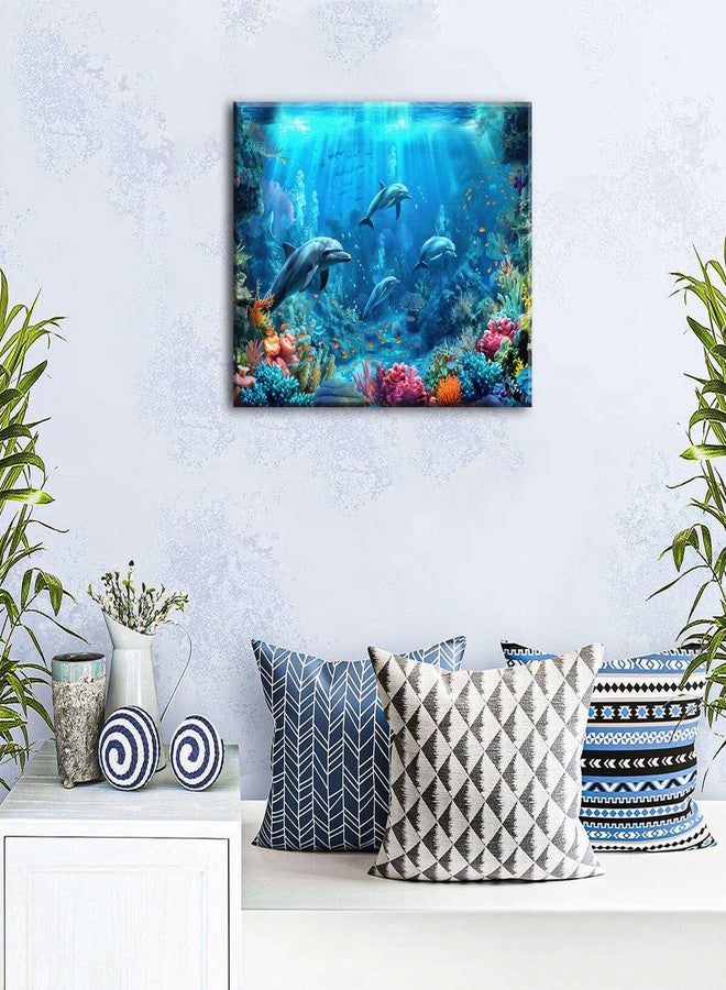 sunfrower Blue Beach Bathroom Wall Decor Ocean Dolphin Wall Art Underwater World Coral Fish Pictures for Living Room Navy Seascape Photo Canvas Prints Coastal Sea Animal Artwork Bedroom Home Decorations 12x16” - Image 2