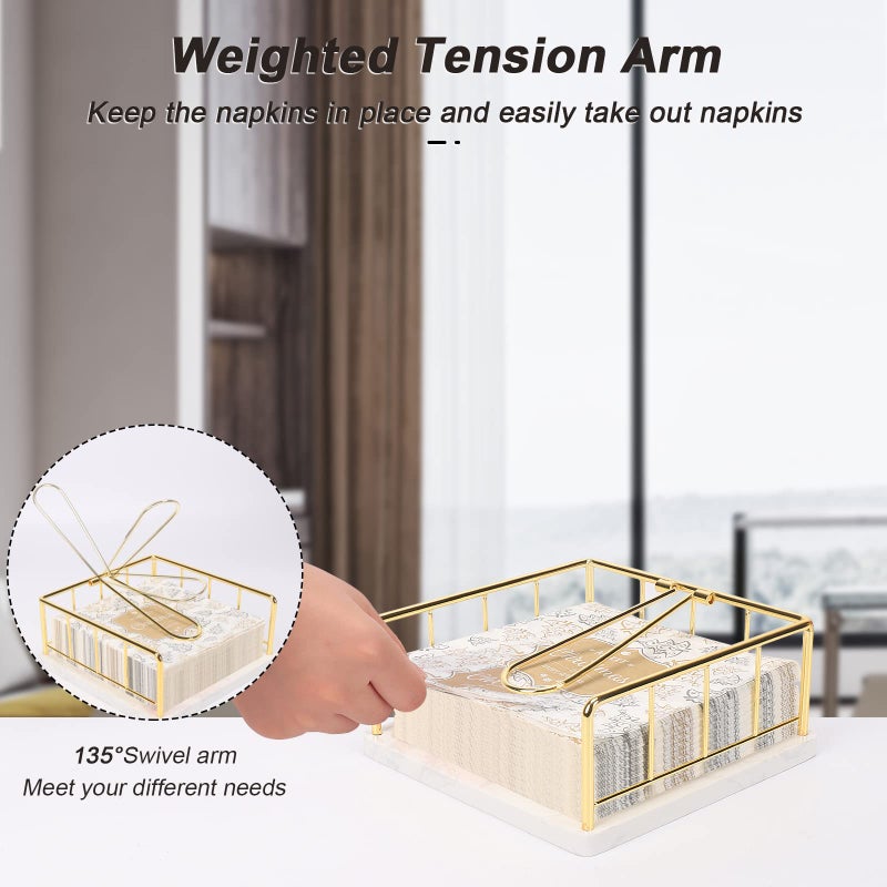 Livabber Flat Napkin Holder, Metal Kitchen Napkin Storage with Weighted Tension Arm Rustic Tissue Paper Dispenser for Countertop, Table Kitchen, Dining Room (With Marble Base, Gold) - Image 5