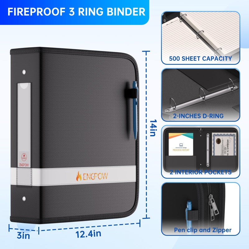 ENGPOW 3 Ring Binder,Fireproof 2 Inch D Ring Binder with Zipper,Holds 500 Sheets,Non-Stick,PVC-Free,Compatible with Clear Sheet Protectors,Portable School Office Home Safe Storage for Paper,Black - Image 4