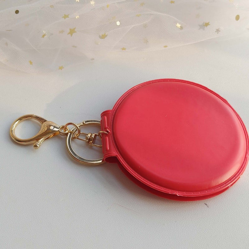 Generic Korean Style Candy Color Makeup Mirror Leather Small Round Mirror Portable Folding Makeup Mirror Keychain Double-sided Mirror Hair Ball Pendant Red