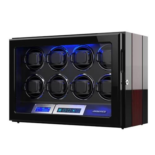 JINS&VICO Watch Winder, Wooden Finish with Adjustable [Upgraded] Watch Pillows, 8 Winding Spaces Watch Winders for Automatic Watches, Built-in Illumination - Image 1