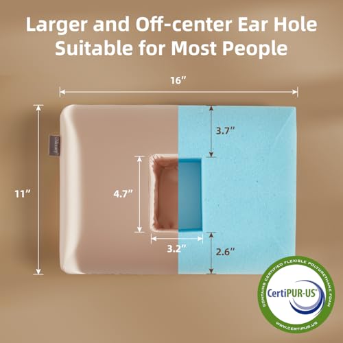 USlixury Piercing Pillow - Ear Piercing Pillow with Foam Plug, 4''H Mini Donut Plilow with 4.7x3.2 Off Center Ear Hole, CertiPUR-US Memory Foam Hole Plilow for Side Sleeper, Satin Cover, Champagne - Image 3