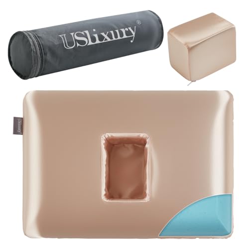 USlixury Piercing Pillow - Ear Piercing Pillow with Foam Plug, 4''H Mini Donut Plilow with 4.7x3.2 Off Center Ear Hole, CertiPUR-US Memory Foam Hole Plilow for Side Sleeper, Satin Cover, Champagne - Image 1