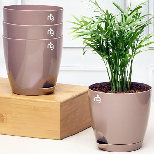 Nurturing Green® Combo of 4 Self Watering Flower Pots for Plants | Plastic Plant Pots | Planter Pots for Home, Indoor Living Room,Garden (Color: Mocha, Size: 11.5cm x 11cm Each) - Image 1