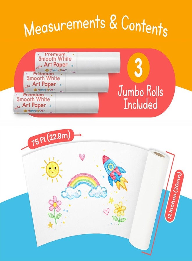 7 Days of Play Art Paper Roll Refills - 12" x 75 ft (3-Pack) - Replacement Paper Rolls for Kids’ Art Tables, Easels & Craft Stations - Smooth White Drawing Paper - 7 Days of Play - Image 2