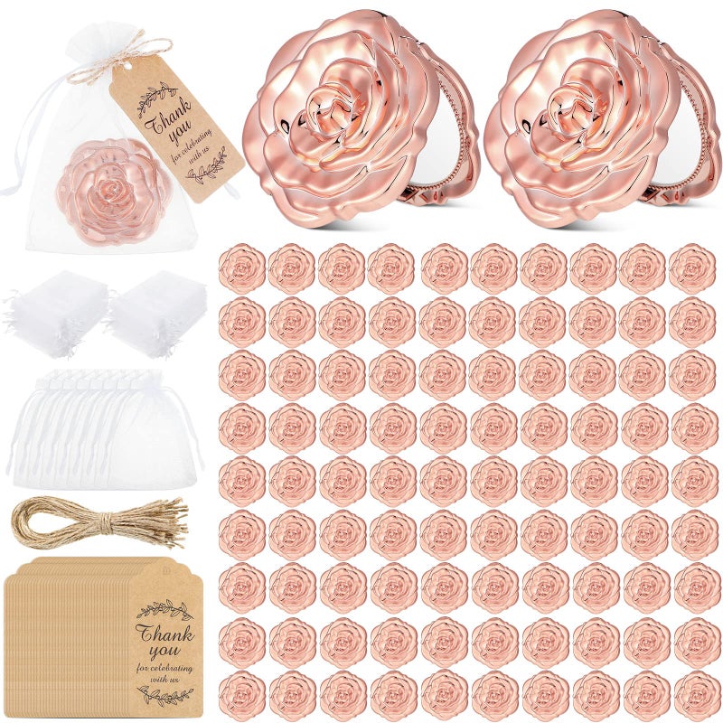 Panelee 96 Set Rose Compact Mirrors Bulk Wedding Party Favors Including Rose Shape Mirrors and Thank You Tags and Jute Twine with White Organza Bags for Wedding Party Guests Souvenir Gift (Rose Gold) - Image 1