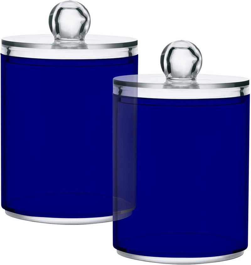 Eionryn Navy Blue Qtip Dispenser Apothecary Jars Bathroom Qtip Holder Storage Canister 10 Oz Plastic Jar for Cotton Ball Swab Round Pads Floss 2pcs - Image 1