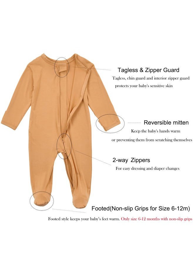 Aablexema Baby Footie Pajamas Zipper - Rayon from Bamboo Infant Footed Pjs with Mittens Sleepwear Jammies, Khaki Yellow, New Born - Image 2