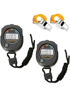 2 PCS Professional Stopwatch Timer, Digital Sports Timer with Stainless Steel Whistle Set Waterproof Handheld Stop Watches Timer with Date Time & Alarm Function Shockproof Stopwatch for Swim Run