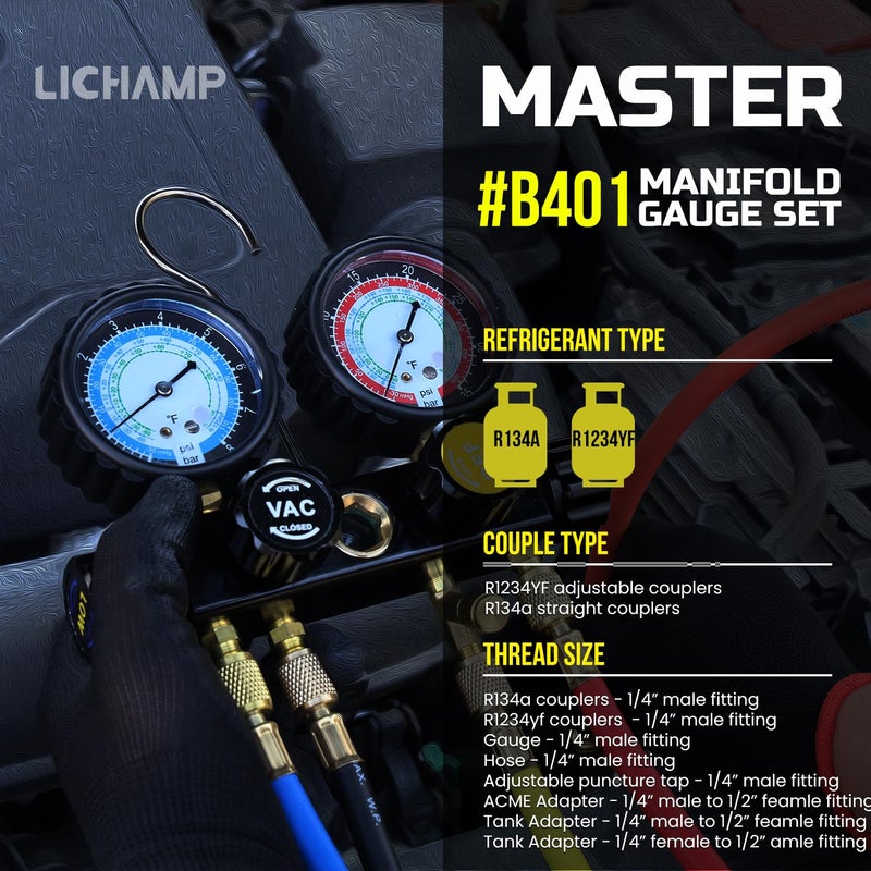 Lichamp مجموعة عدادات تكييف الهواء AC R1234YF R134A، مجموعة عدادات مانيفولد بأربعة صمامات متوافقة مع المبردات R1234YF و R134A، تعمل على شحن وتفريغ فريون السيارة - Image 2